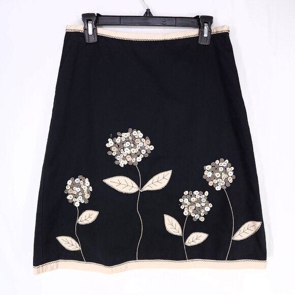 Boden A-Line Skirt 10UK (6US) Applique Button Flowers Detail Black Beige Trim - Picture 1 of 12